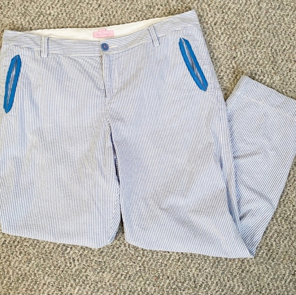 Lilly Pulitzer Mitzie Seersucker Ankle Pants Blue & White | Size 12 Preppy